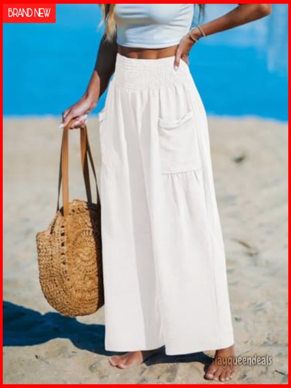 Wide Leg Palazzo Pants High Waisted Flowy Summer Beach Pants with Pockets - Picture 4 of 7